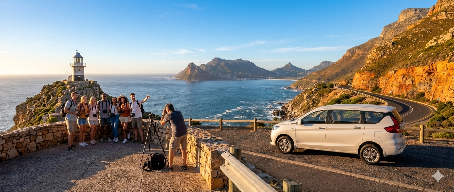 Vehicles on a Cape Town mountain pass with Table Mountain behind